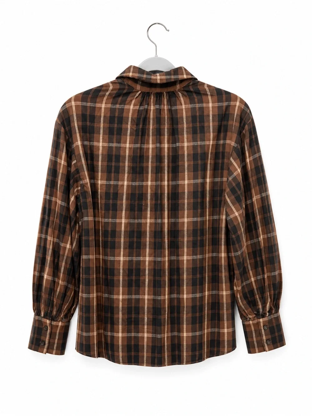 J Crew Blouse Gathered Button-up Shirt In Featherweight Plaid Brown White preppy